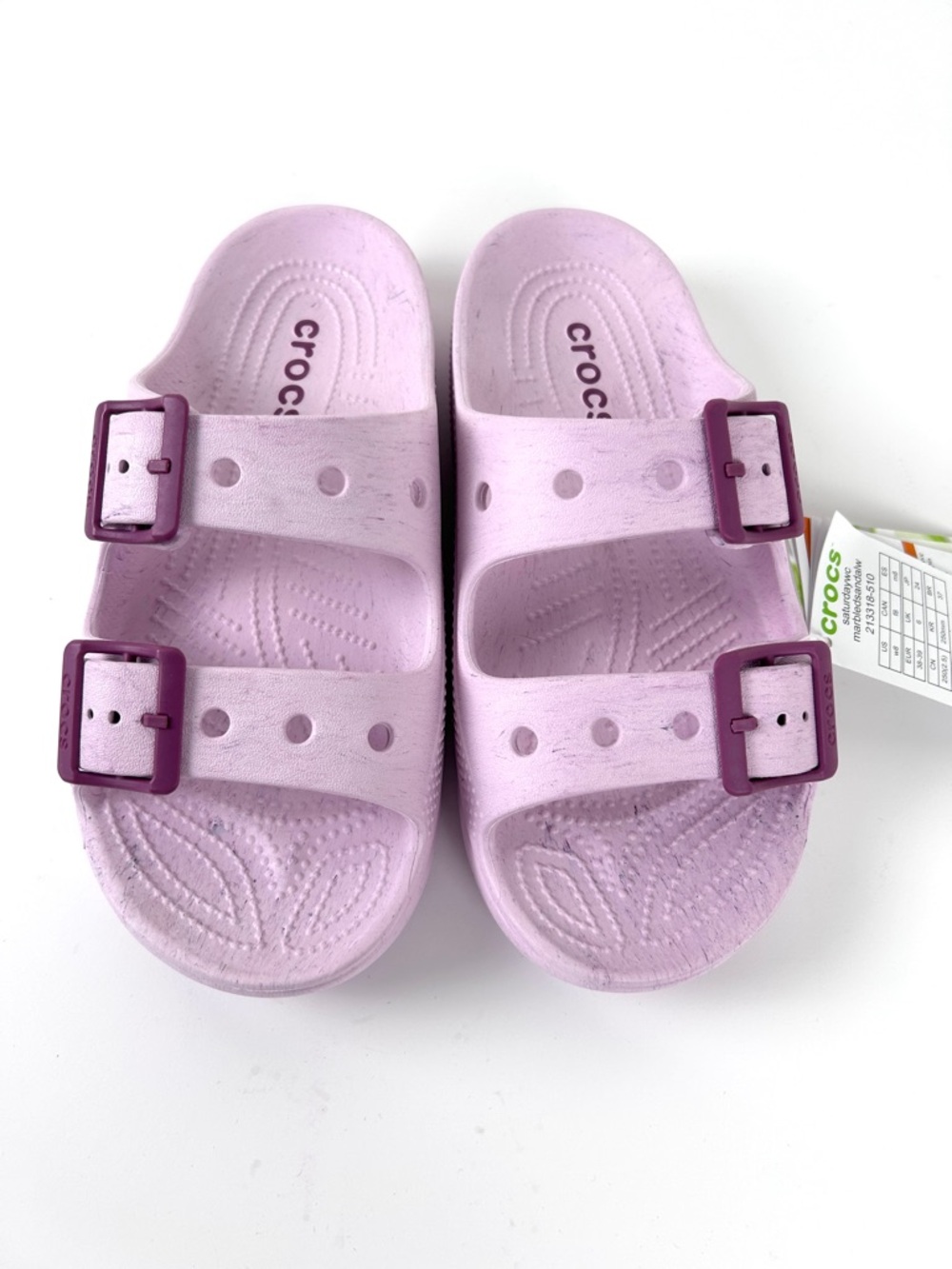 CROCS Enamel Buckle Saturday Sandals in Marbled Lilac